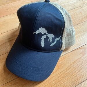 Navy and Tan Trucker Hat with Great Lakes Glittler Design